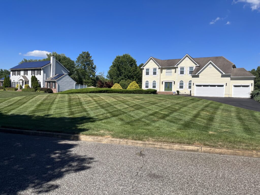 Freshly mowed residential front lawn with clean edging and professional lawn maintenance in Burlington County NJ