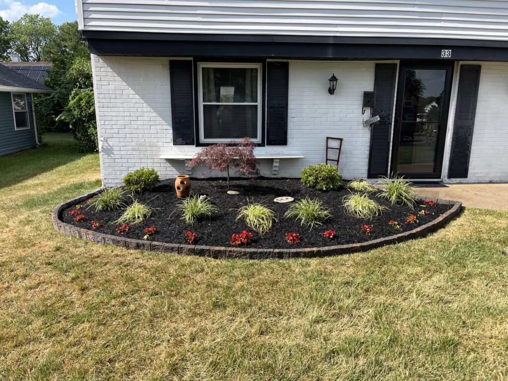 Curved mulch bed with red flowers and Japanese maple in front of brick house landscaping