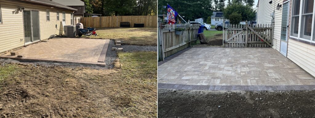 Before and after paver patio installation showing hardscaping progress and completed stonework